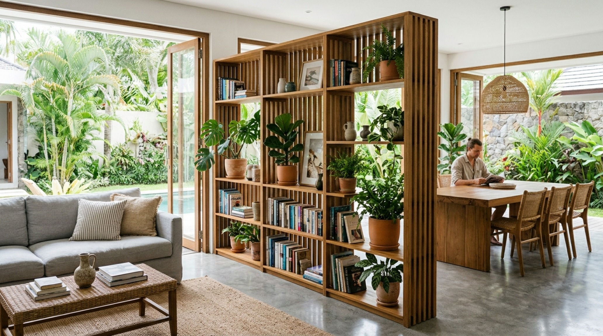 modern modern tropical architecture ideas showing a modular shelving system that acts as both a room divider and a botanical display modern modern tropical architecture ideas showing a modular shelving system that acts as both a room divider and a botanical display