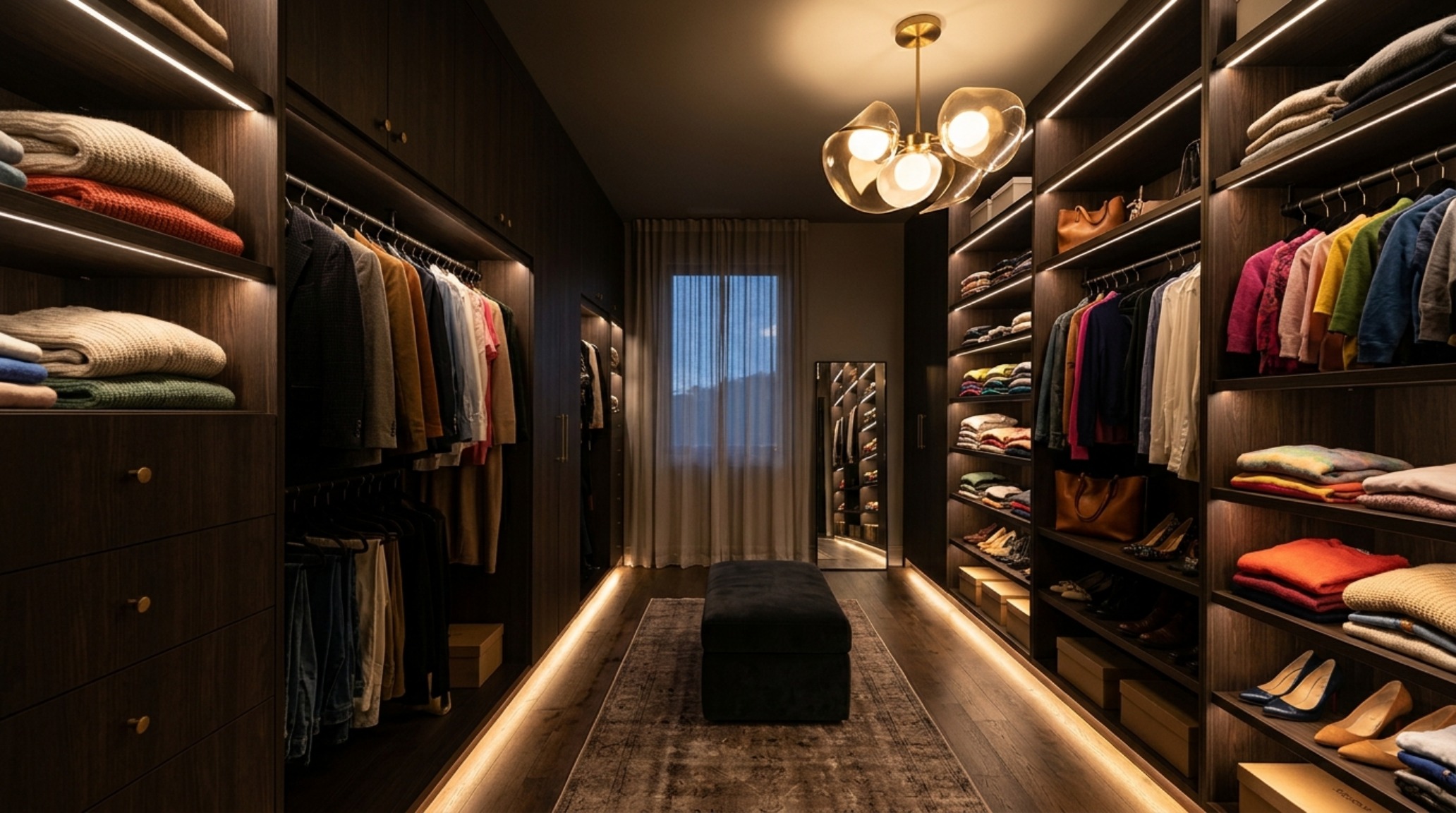 Walk in clothes closet lighting guide illustrating the use of motion-activated sensors and warm 2700K accent lamps.