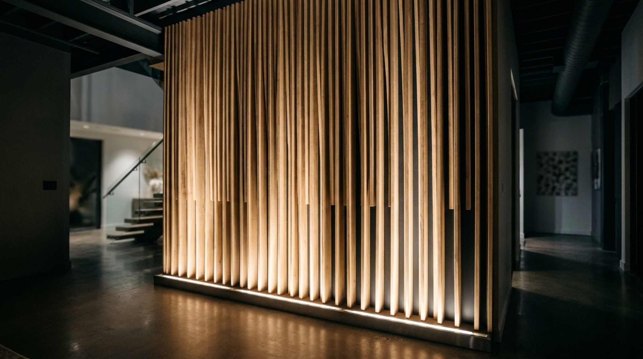 wall panels interior design lighting guide demonstrating bottom-up 'uplighting' on a fluted white oak feature wall. wall panels interior design lighting guide demonstrating bottom-up 'uplighting' on a fluted white oak feature wall.