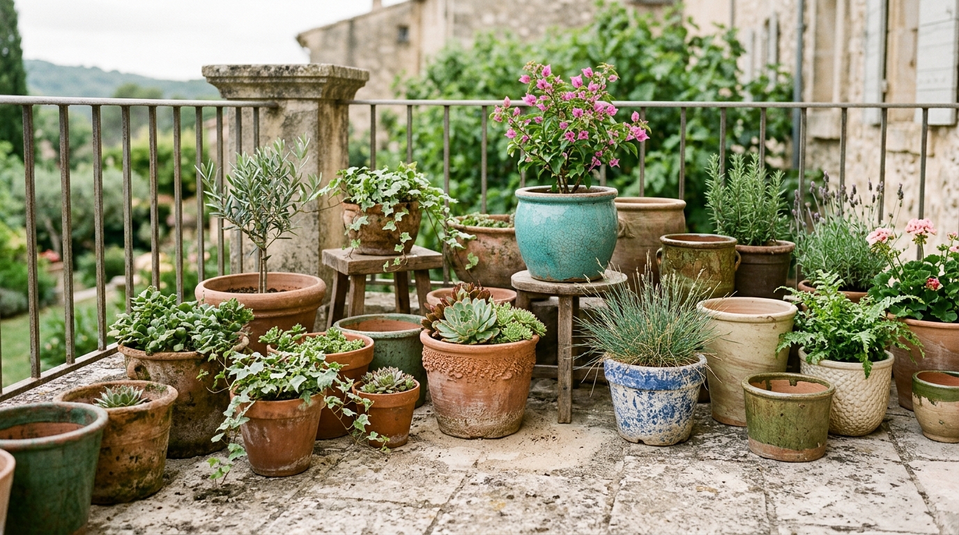 A collection of sculptural terracotta pots with varying heights, adding organic texture to a modern small space balcony.