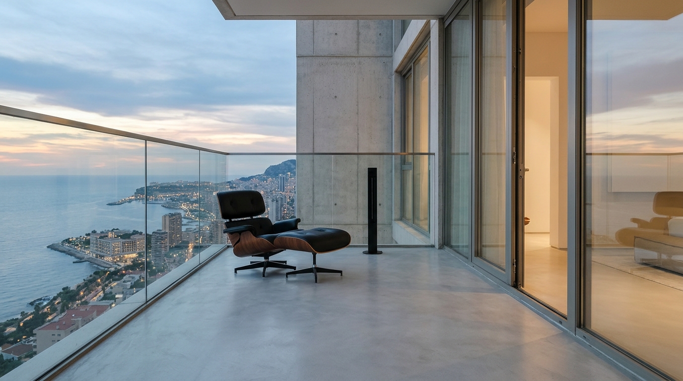 Minimalist glass railing balcony with a flush-mount heater to preserve skyline views and negative space.