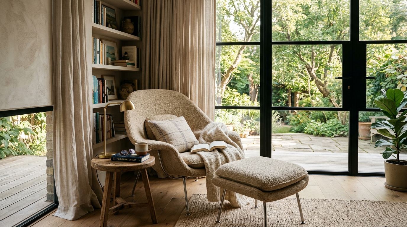 A cozy reading nook situated inside a glazed patio, featuring a leather lounge chair and a small side table, embodying small space small apartment balcony ideas.
