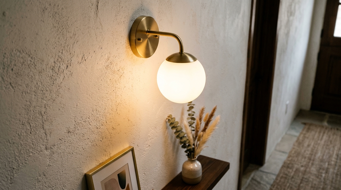 Atmospheric lighting guide visual with a soft-glow pendant light and its reflection in a tiered glass mirror. Atmospheric lighting guide visual with a soft-glow pendant light and its reflection in a tiered glass mirror.