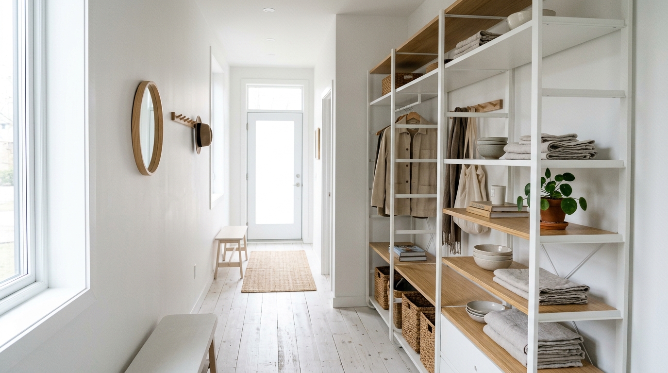 Bright Scandinavian entryway featuring a light-filled corridor with white-washed floors and an Ikea Elvarli open shelving system.