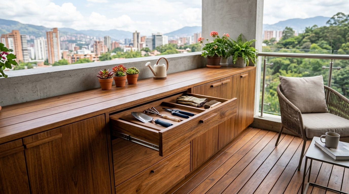 Bespoke cabinetry on a balcony housing a concealed watering system and gardening tools, emphasizing ergonomic small apartment balcony ideas.