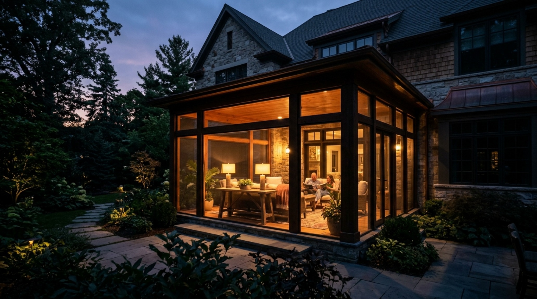 Expansive view of a luxury enclosed porch at twilight showing the 'shadow play' created by directional lighting and the reflection of a garden in the glass panels.