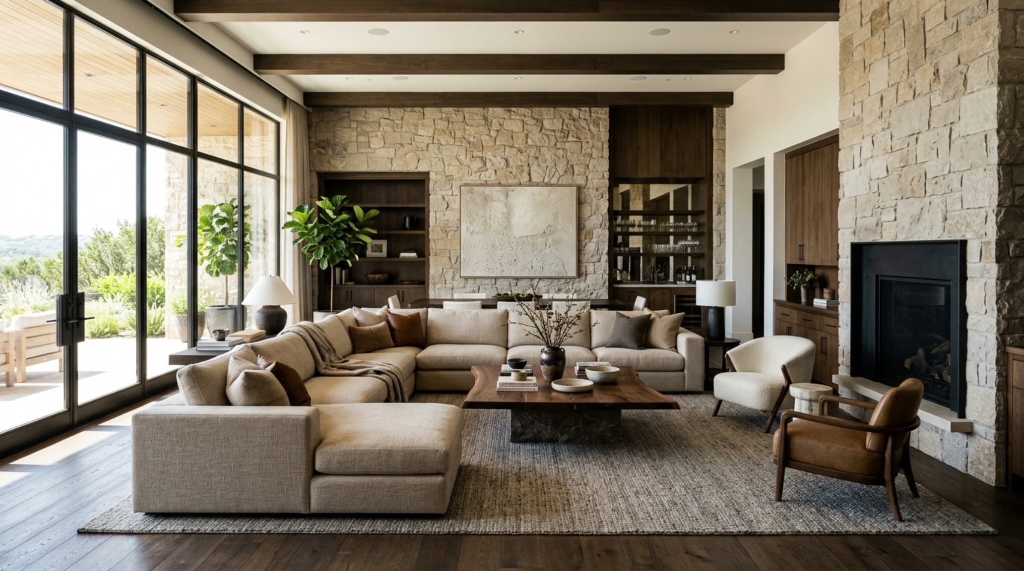Expansive living area showing the modular versatility of 7th Avenue seating during a Black Friday sale refresh, featuring diverse textures like brass and stone.