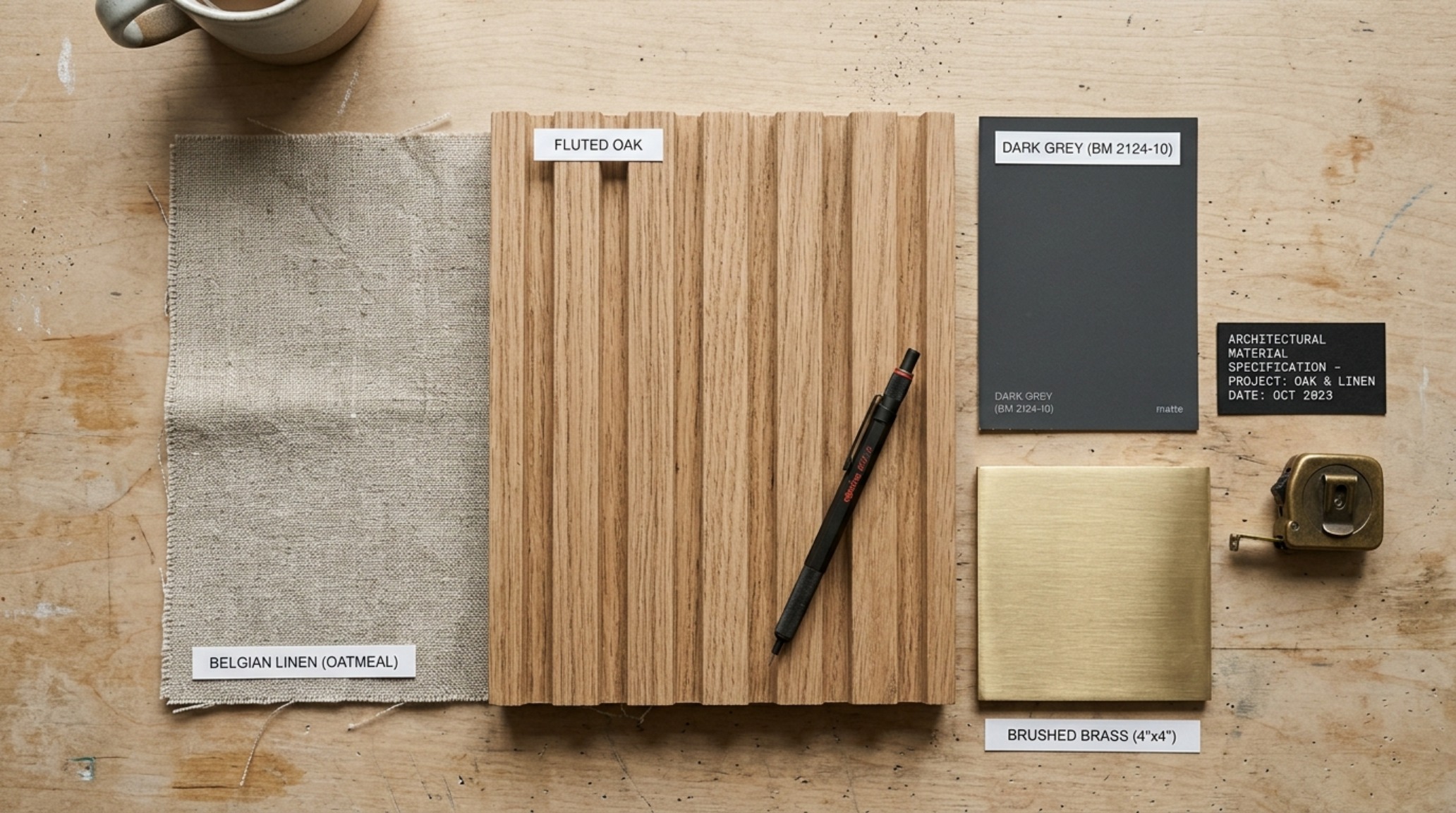 Top-down view of the material palette featuring white oak, charcoal paint swatches, and brass hardware for an authentic bjorn wallander manhattan apartment tour decor ideas architecture feel.