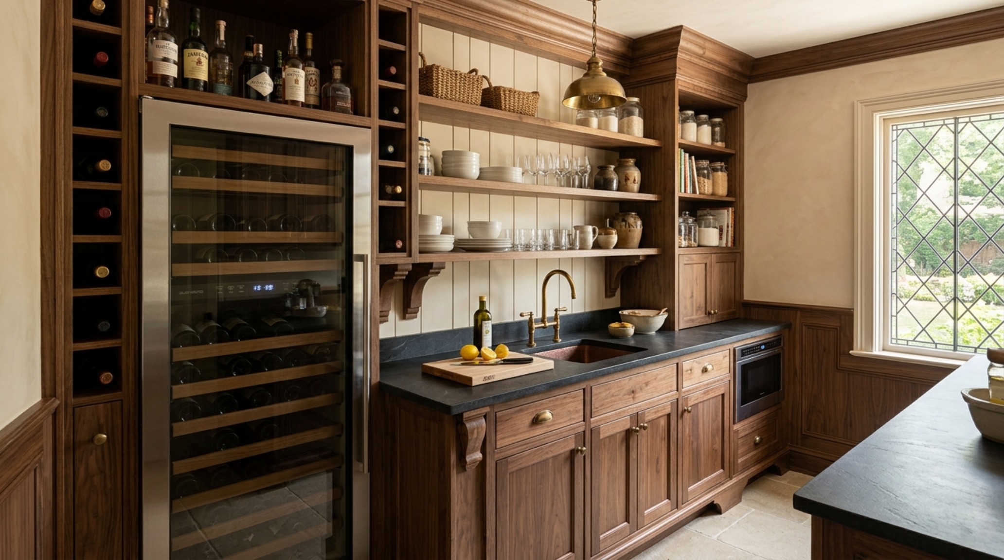 High-end small pantry organization ideas ergonomics featuring a secondary sink and wine fridge for multi-functional use.