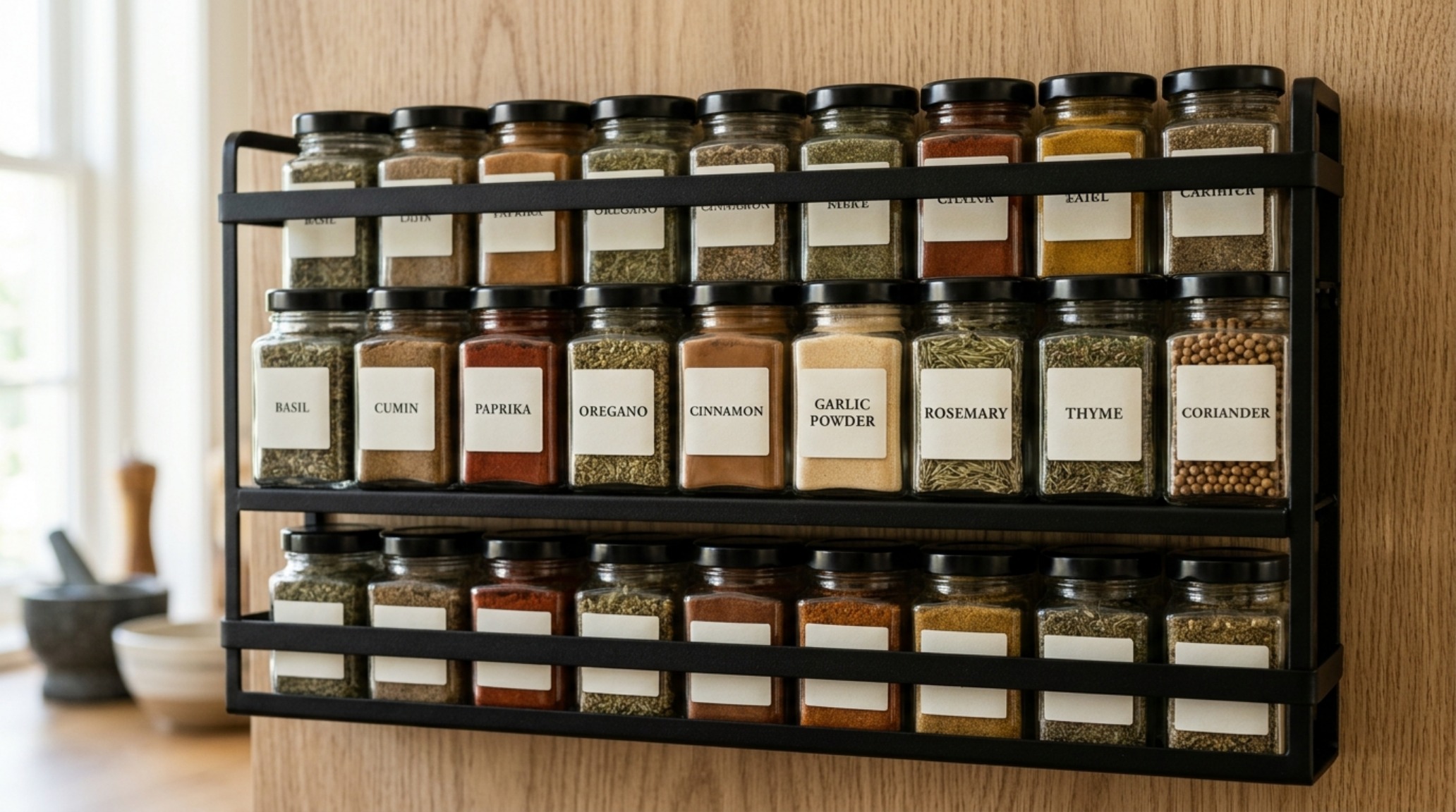 Close-up of a perfectly decanted spice collection in small square glass jars with minimalist typography labels on a black steel rack.