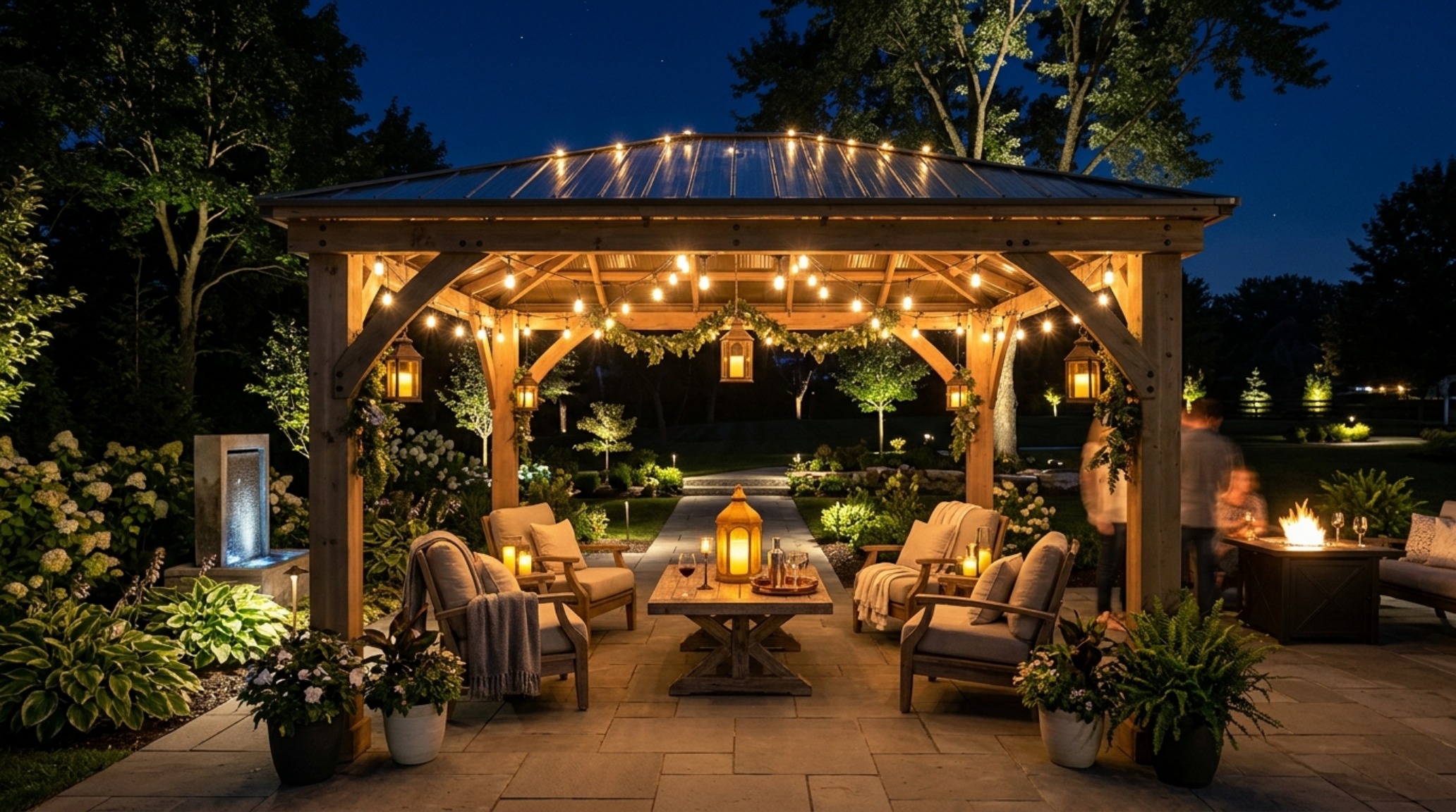 A serene evening view of a fully styled Costco viral party porch with a warm glow reflecting off matte black aluminum roof panels. A serene evening view of a fully styled Costco viral party porch with a warm glow reflecting off matte black aluminum roof panels.