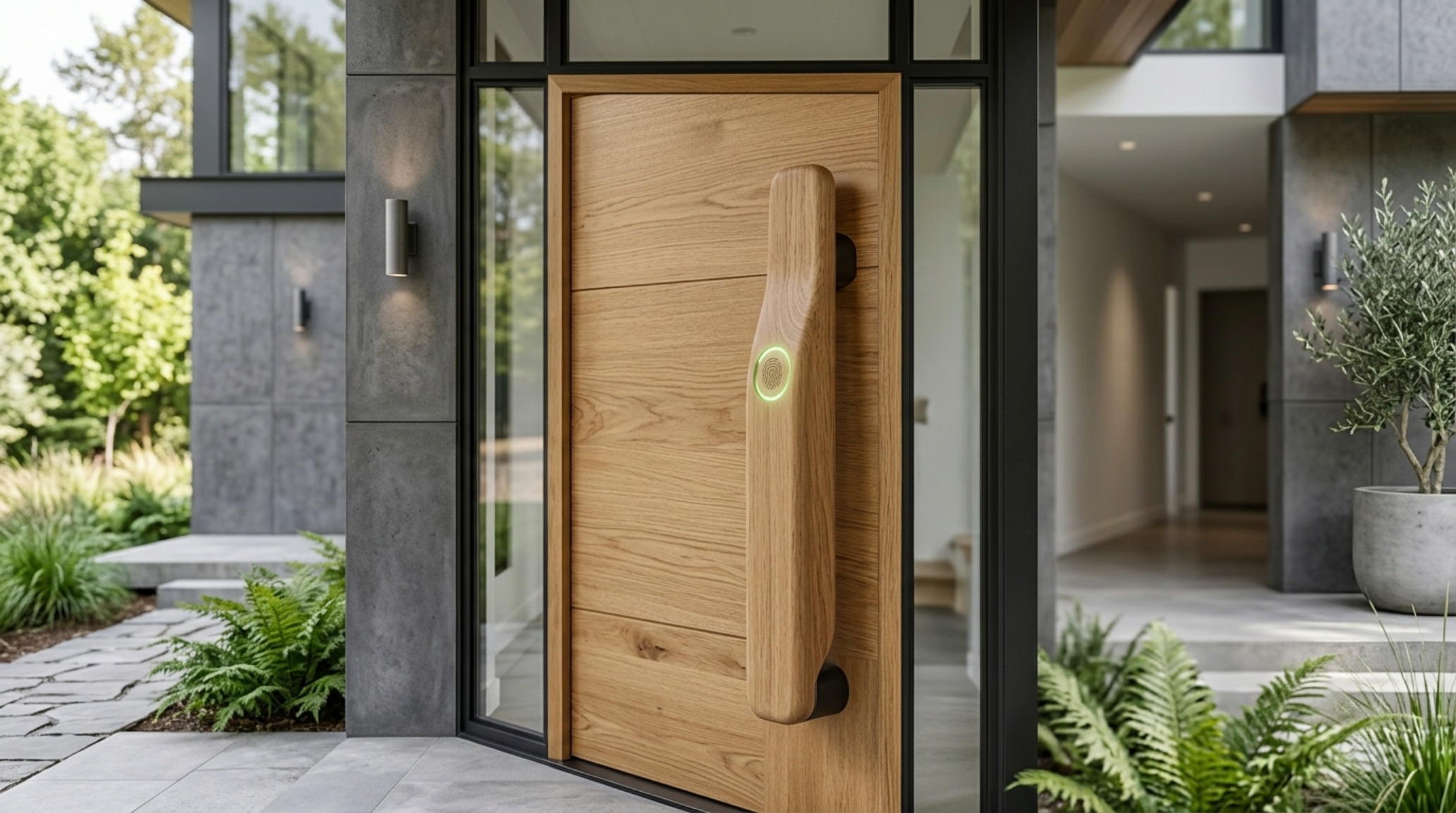 modern ideas for front doors ideas depicting a smart-integrated entry system with a biometric scanner concealed within a timber handle modern ideas for front doors ideas depicting a smart-integrated entry system with a biometric scanner concealed within a timber handle