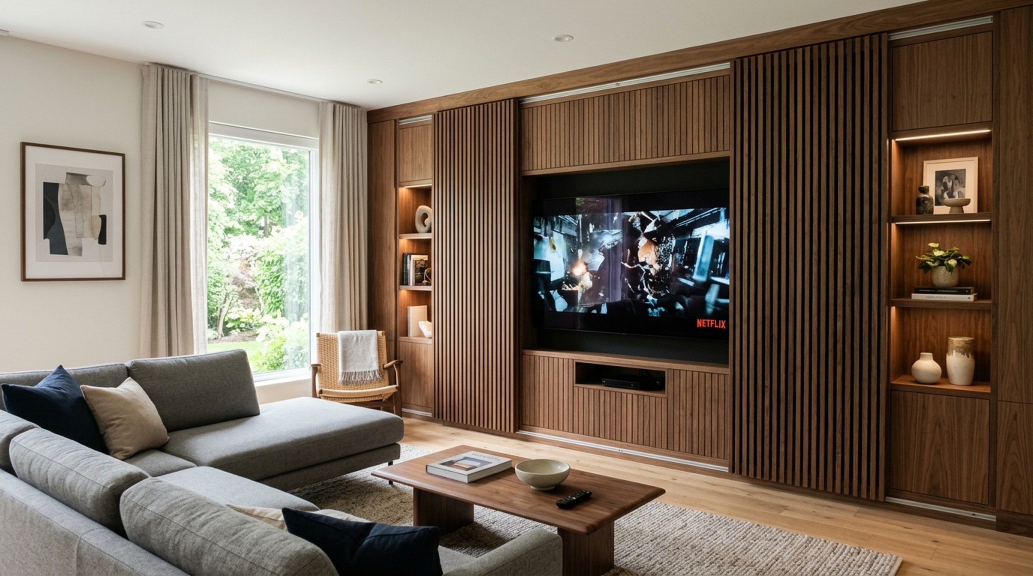 modern wall panels interior design ideas featuring an integrated media center with sliding slatted panels and concealed cable management. modern wall panels interior design ideas featuring an integrated media center with sliding slatted panels and concealed cable management.