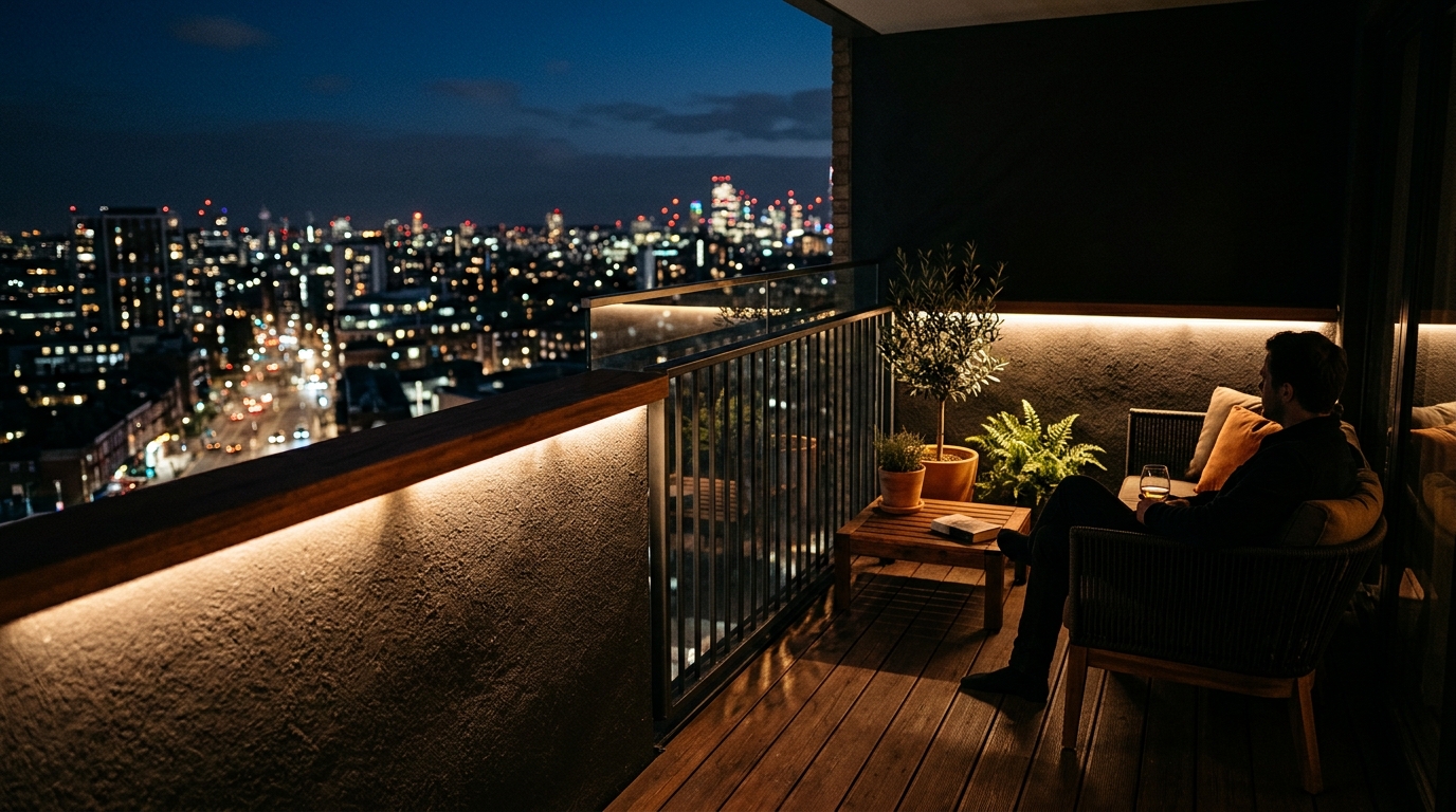 Linear LED strip lighting tucked under a balcony railing, creating atmospheric shadow play and depth at night.