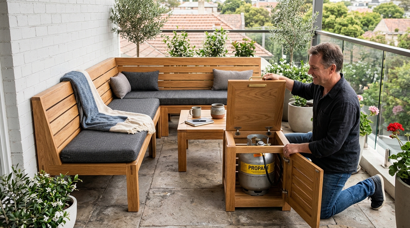 Small apartment balcony ideas architecture featuring a custom-built banquette with hidden propane storage.