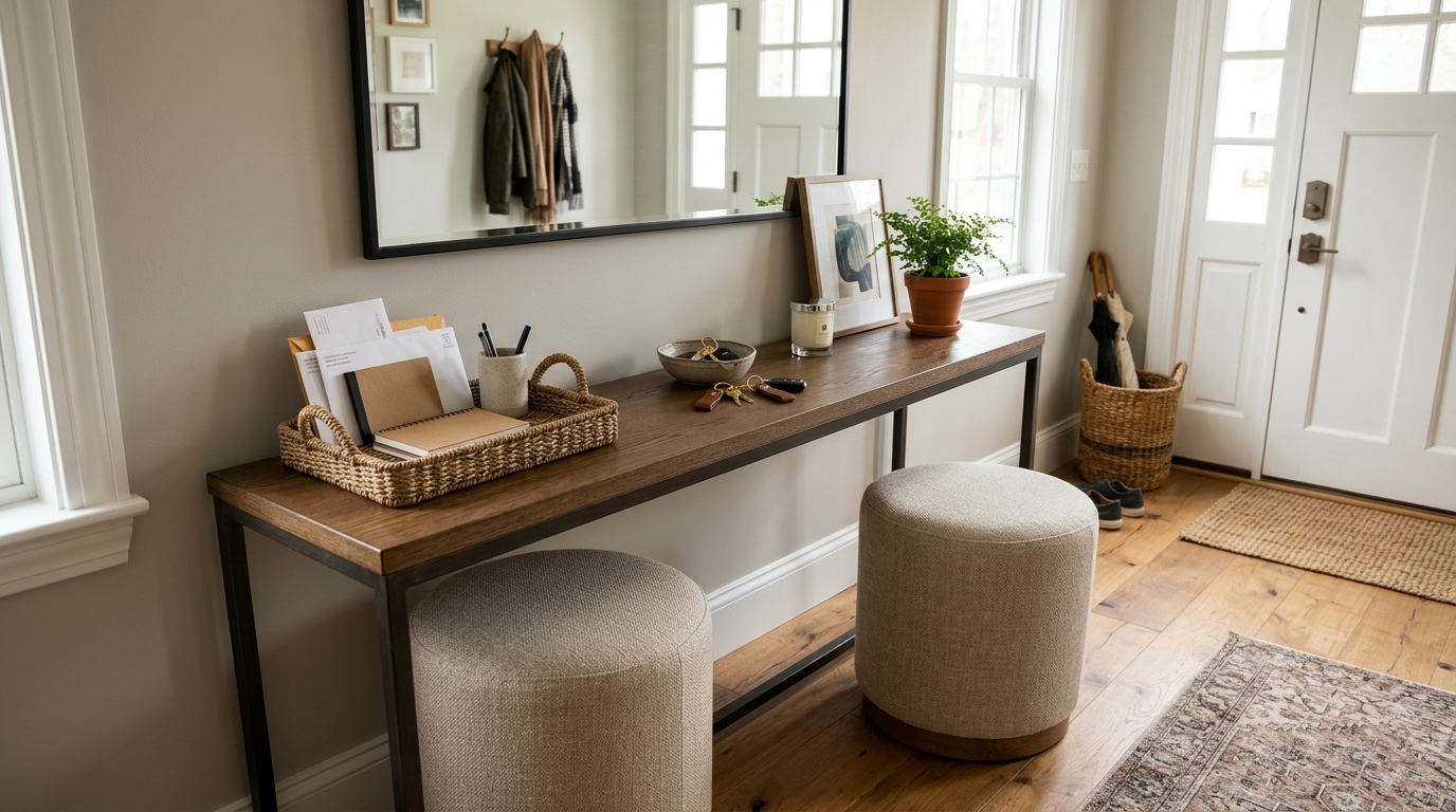 Contemporary entryway featuring a console with nested leather stools for functional multi-purpose seating.