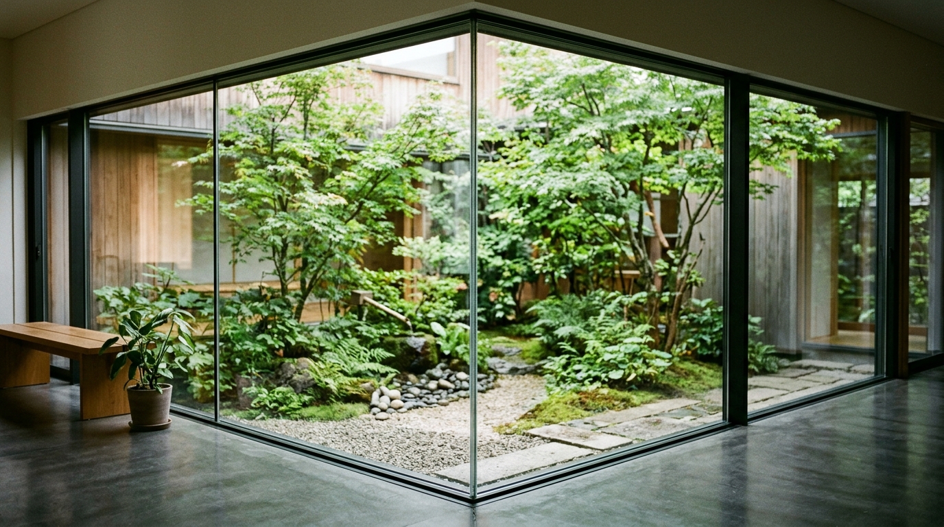 The intersection of glass, timber, and stone at the threshold of a central patio, emphasizing tactile materiality and high-end finish.