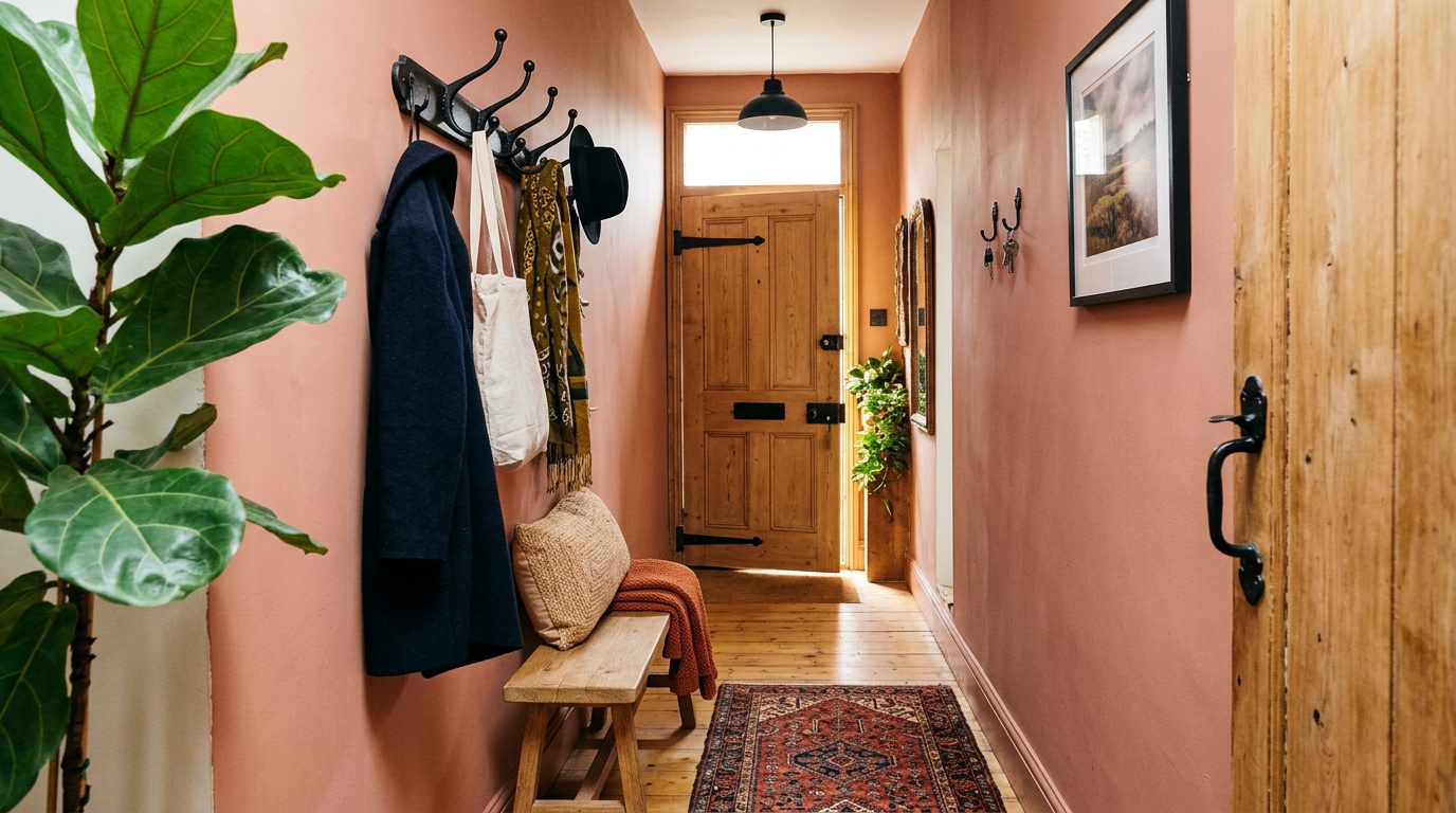 Boho chic entryway palette featuring Farrow and Ball Setting Plaster walls and a collection of varied heights of terracotta pots. Boho chic entryway palette featuring Farrow and Ball Setting Plaster walls and a collection of varied heights of terracotta pots.