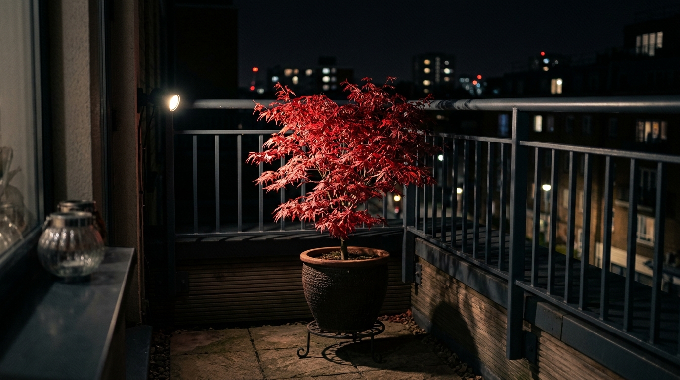 Detailed shot of high-CRI lighting illuminating a small outdoor dining area, showcasing true material colors and vibrant greenery.