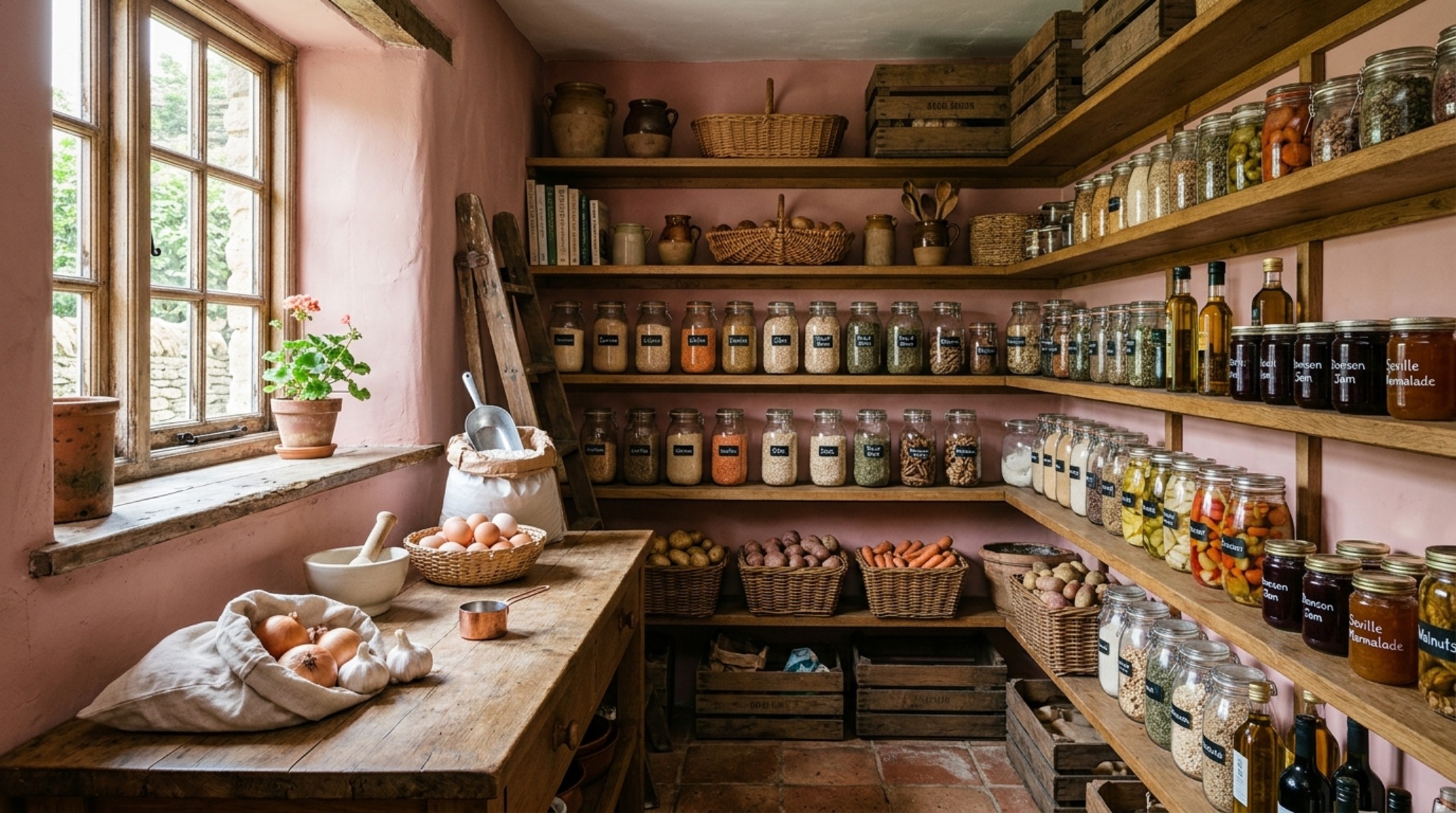 A wide-angle editorial shot of a pantry transition from a limewash kitchen, emphasizing sightline alignment and spatial flow.
