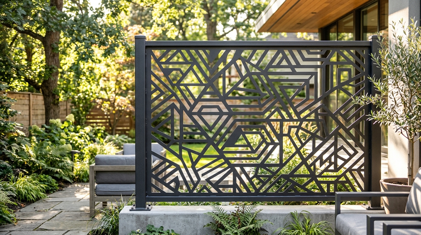 Bespoke powder-coated steel privacy screen with a laser-cut geometric pattern, blending security with high-design aesthetics.
