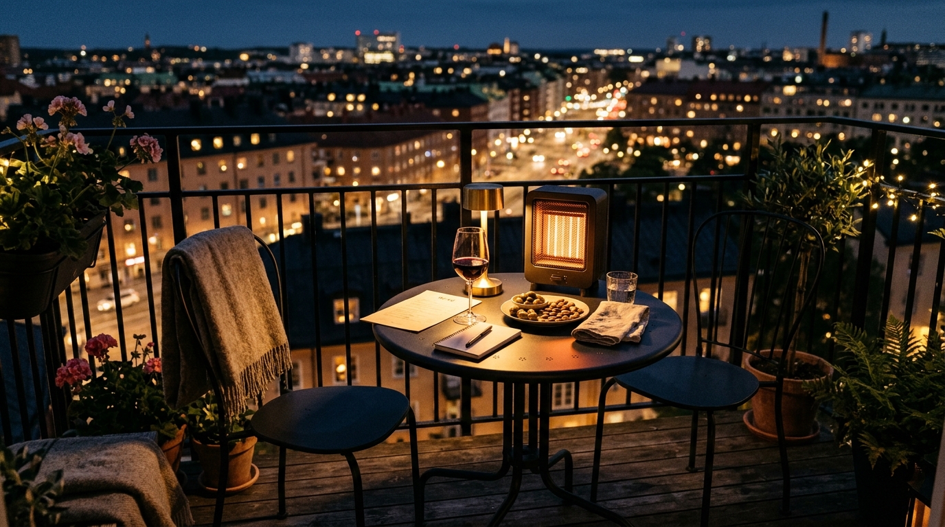 Task lighting on a balcony bistro table with a small electric heater, following 3000K task lighting standards.