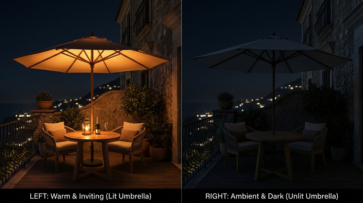 High-CRI outdoor lighting guide visual showing the difference between harsh overhead light and soft umbrella-reflected ambient glow.