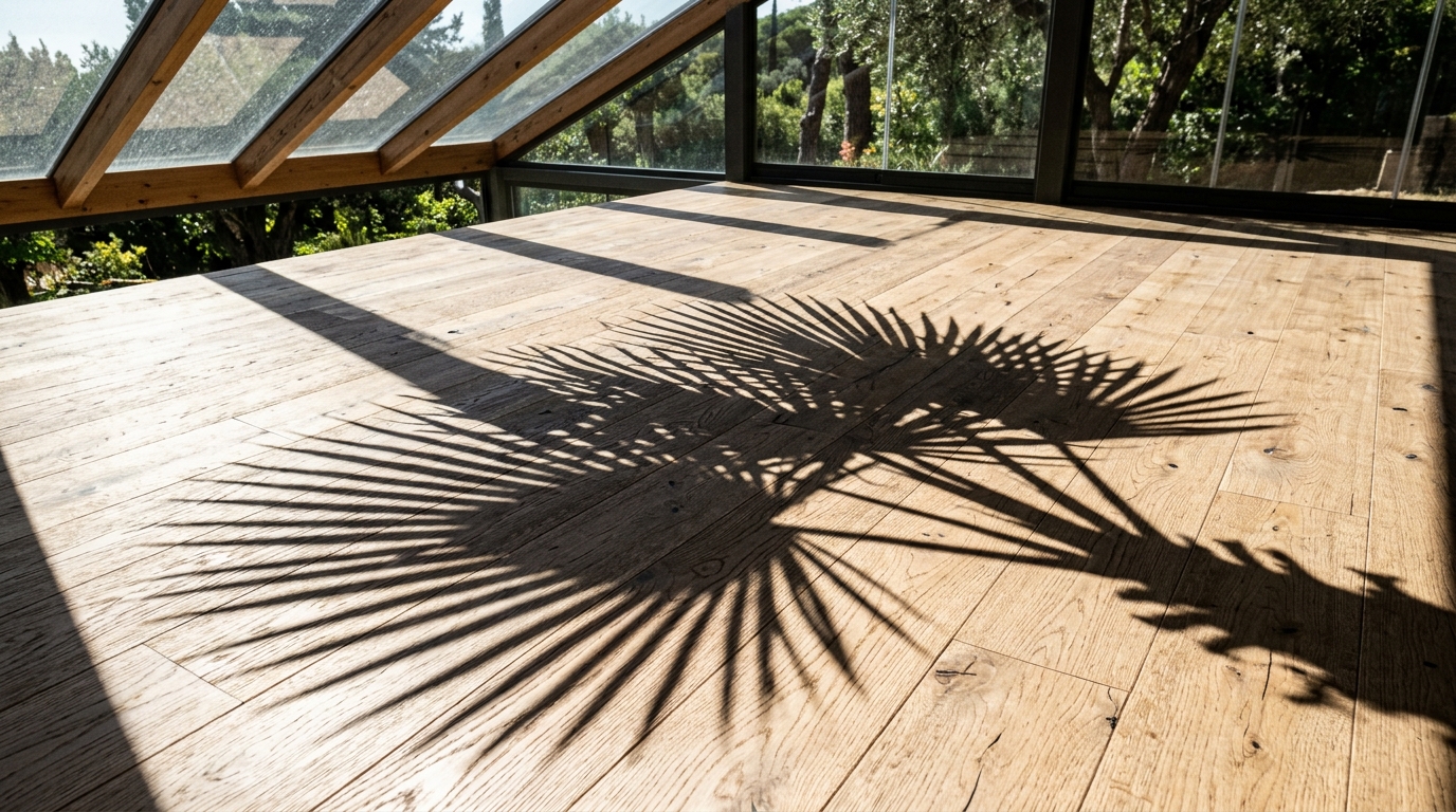 Sunlight streaming through a central glazed patio, creating dynamic shadows on an oak floor, a hallmark of home glazed patio in center design.