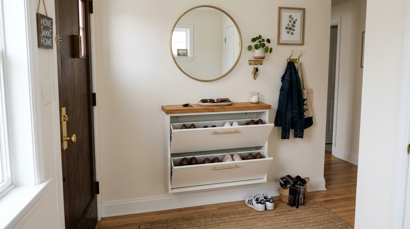Ergonomic entry layout for small apartments including a wall-mounted flip-down shoe rack and magnetic key strip. Ergonomic entry layout for small apartments including a wall-mounted flip-down shoe rack and magnetic key strip.