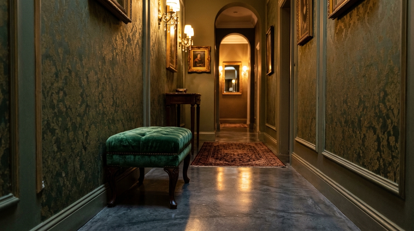 Luxury narrow entryway ideas textures featuring a mix of velvet upholstery on a small perch and cold-pressed concrete flooring.