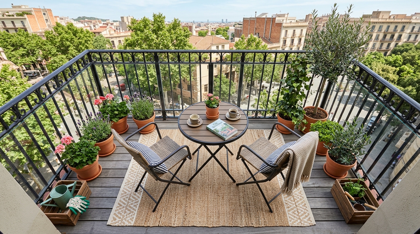 A small apartment balcony ideas layout featuring a bistro set and a striped outdoor rug to anchor the spatial composition.