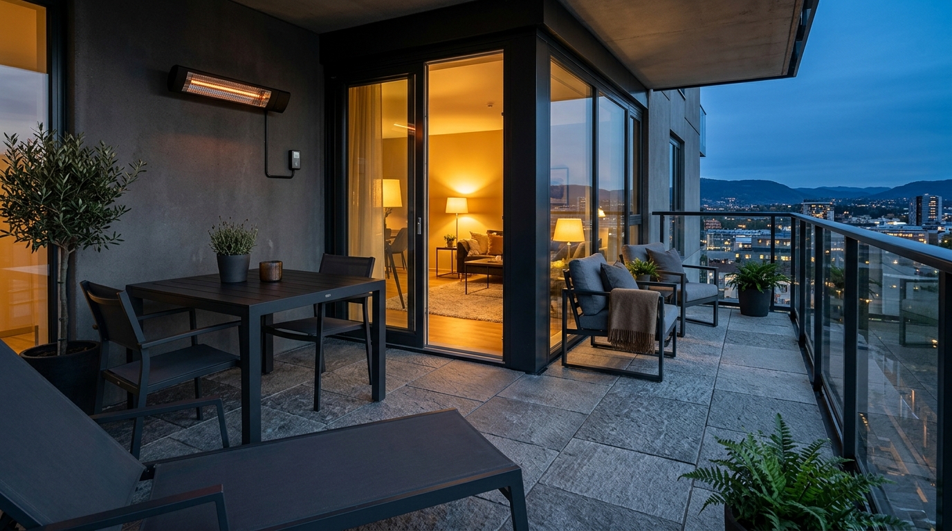 Sleek powder-coated aluminum furniture on a grey stone balcony with integrated floor heating elements.