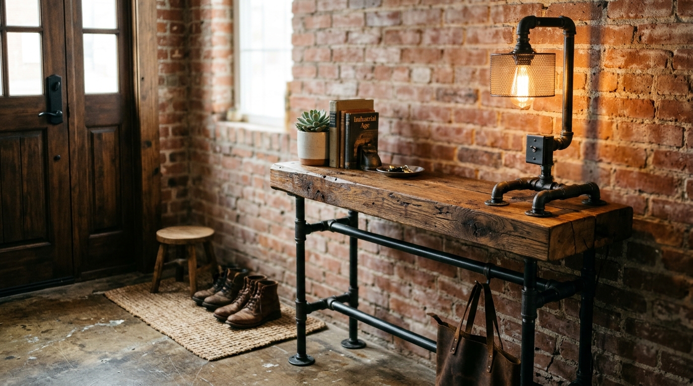 Industrial style narrow entryway with a reclaimed wood and iron pipe console under a large factory window.