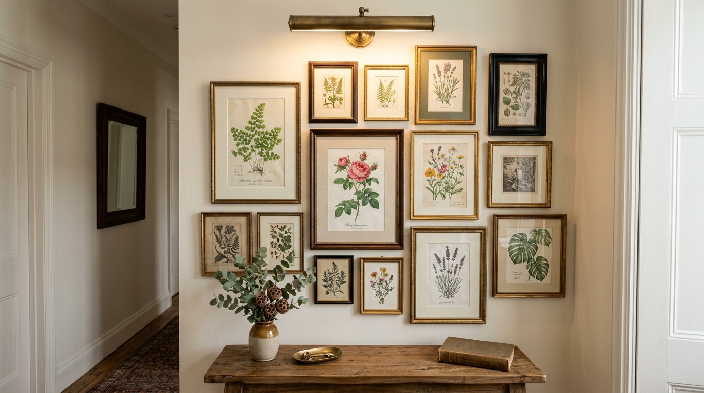 High CRI 90+ lighting illuminating a collection of vintage textiles hung as wall art in a narrow transition space. High CRI 90+ lighting illuminating a collection of vintage textiles hung as wall art in a narrow transition space.