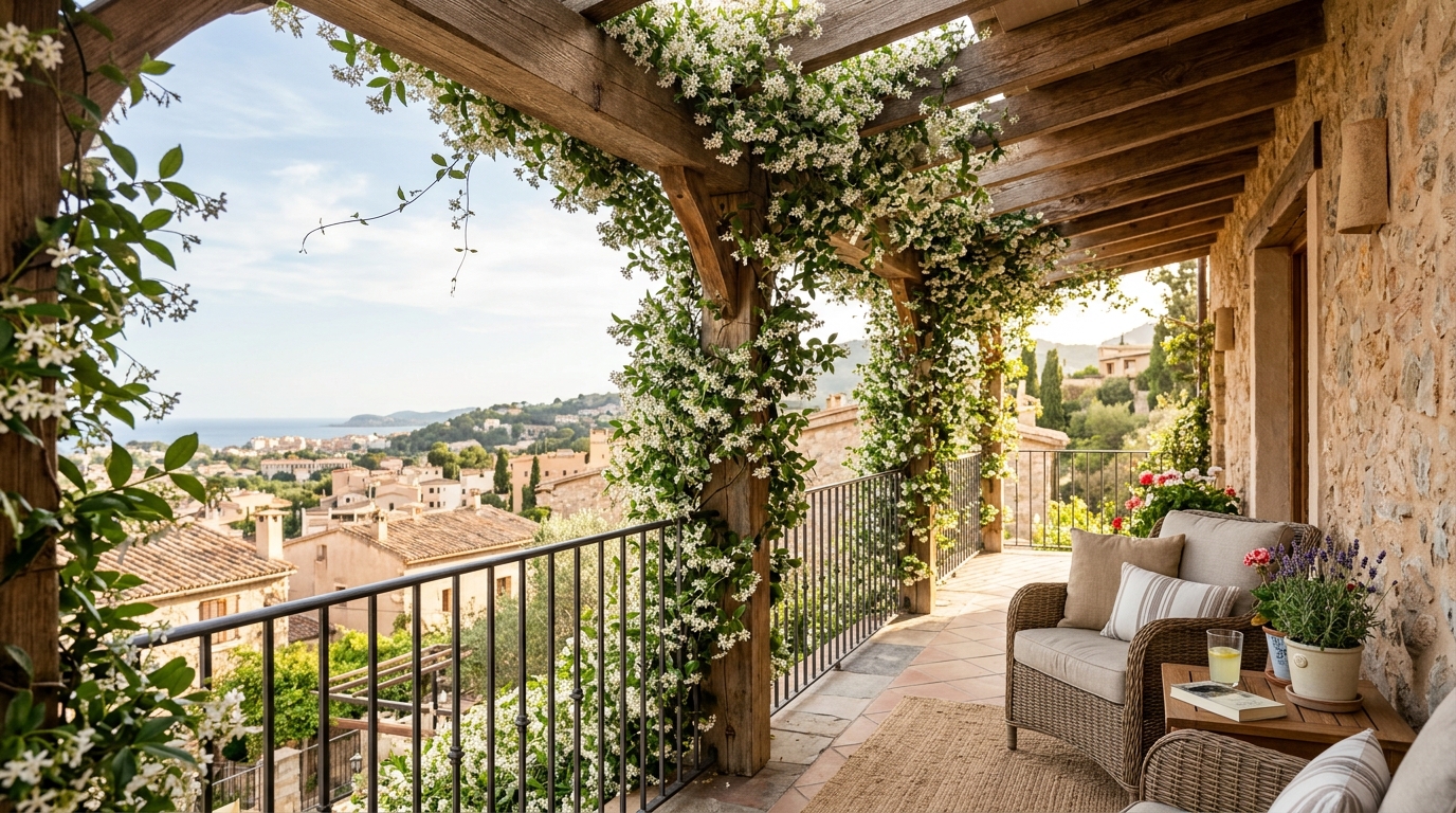 Small balcony with a custom cedar trellis and climbing jasmine, providing natural privacy and a tactile organic screen.