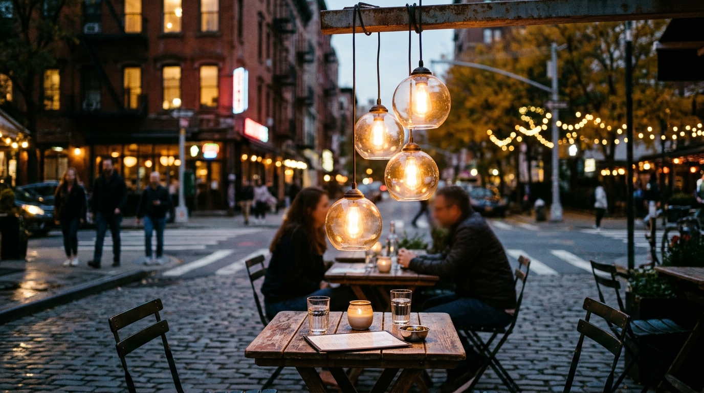Warm 2700K orb lights hanging over an outdoor dining table, creating a cozy and intimate atmosphere for night-time entertaining.