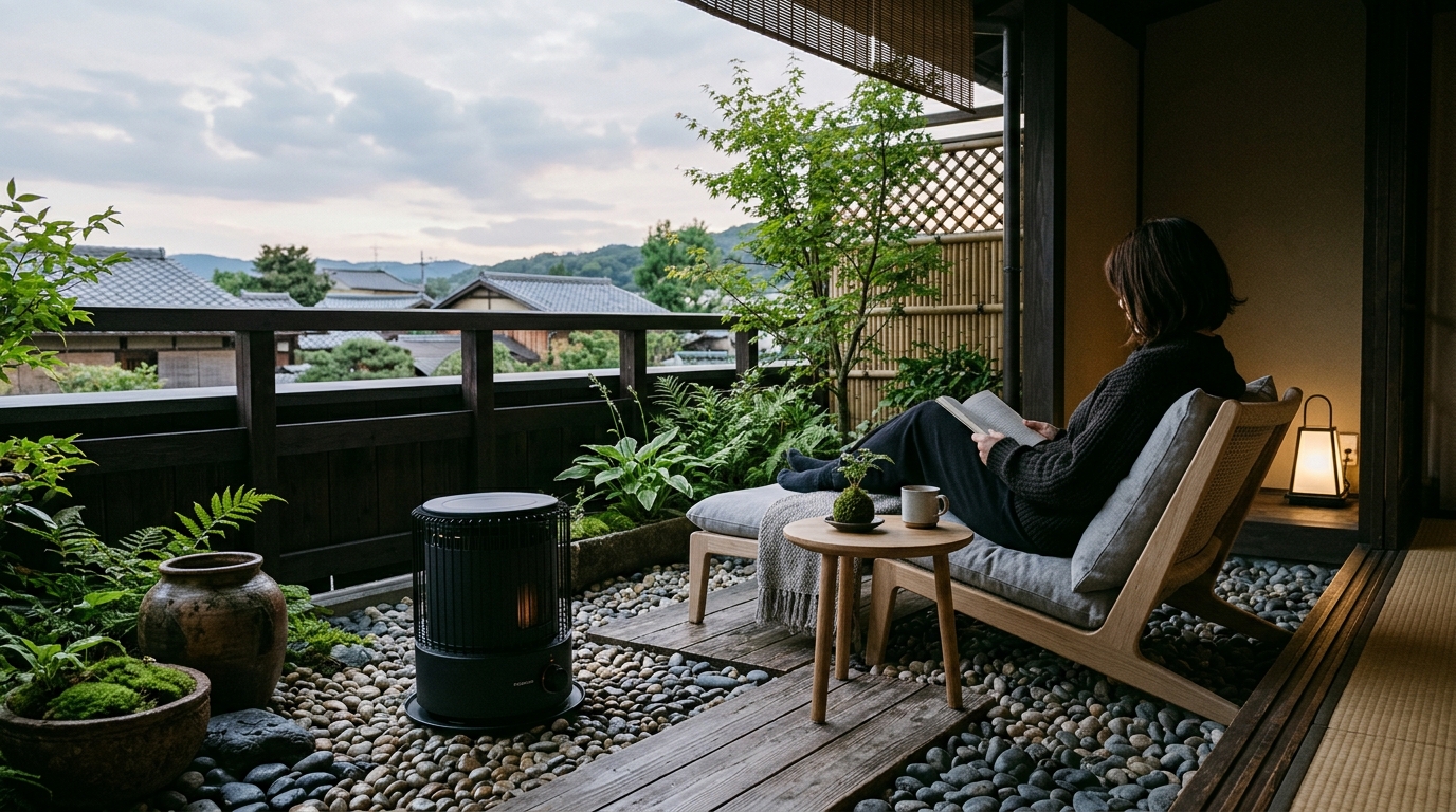 Zen-inspired balcony design with bamboo screening, a low-profile heater, and ergonomic floor cushions.