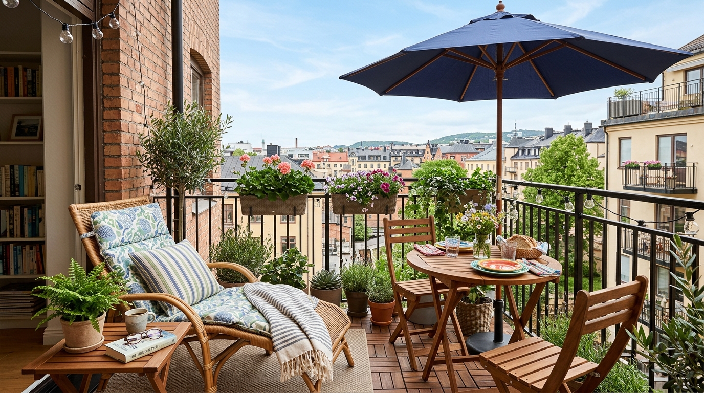 Small apartment balcony ideas layout showcasing a 'zoned' terrace with a distinct dining area and a separate lounge chair under an umbrella.