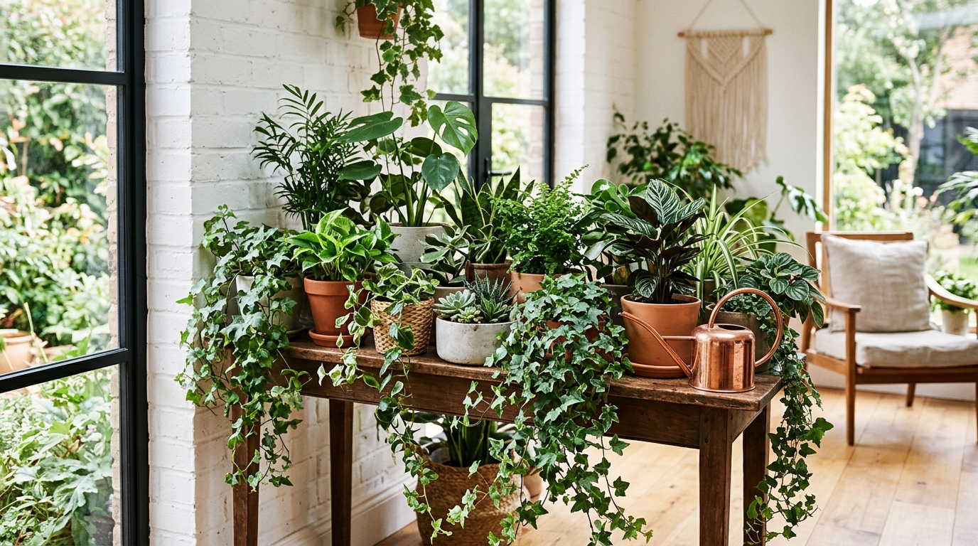 Biophilic entryway design with a console table covered in lush green plants and soft natural light.