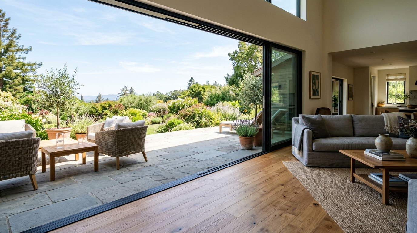 Sleek sliding glass doors that completely open to merge the interior living room with the central patio for an indoor-outdoor feel.