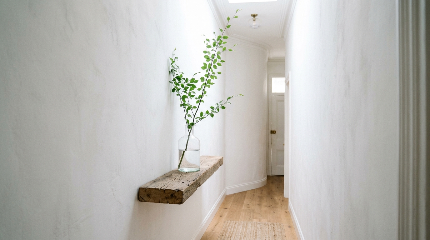 Minimalist narrow entryway ideas with a single floating shelf and a dramatic oversized olive branch in a clear glass vessel. Minimalist narrow entryway ideas with a single floating shelf and a dramatic oversized olive branch in a clear glass vessel.