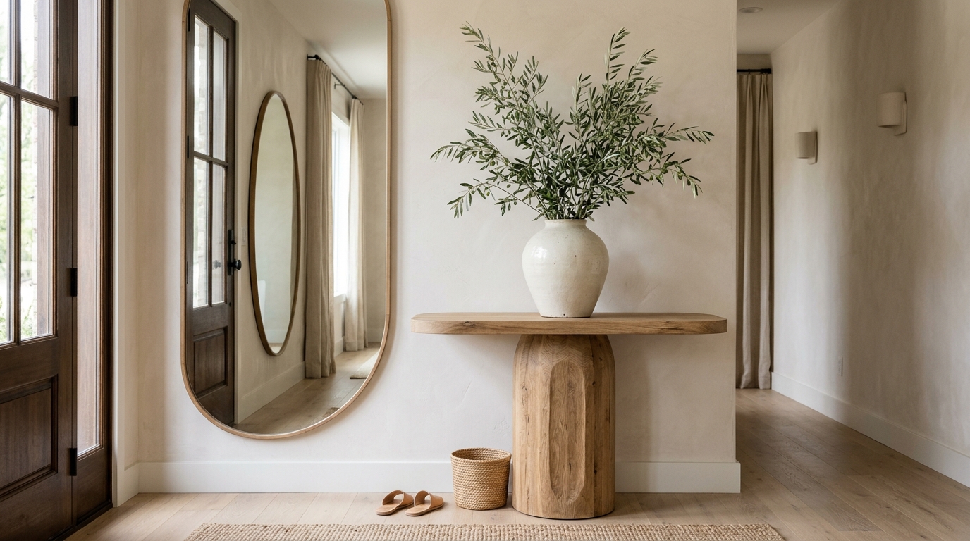 Organic modern entryway with a curved plaster-effect console and a single architectural branch in a glass vessel.