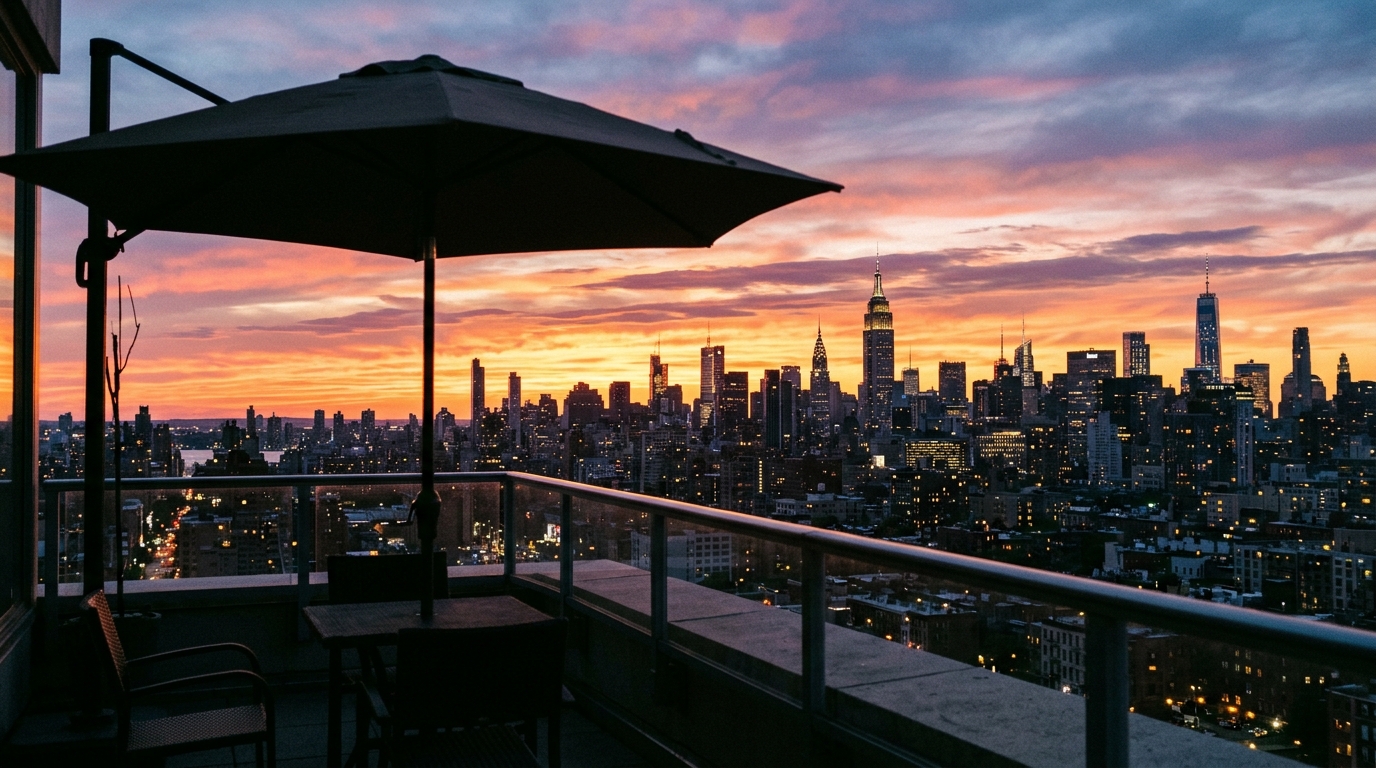Modern urban sanctuary balcony with a view of the city skyline framed by the clean lines of a Magnolia Home patio umbrella.