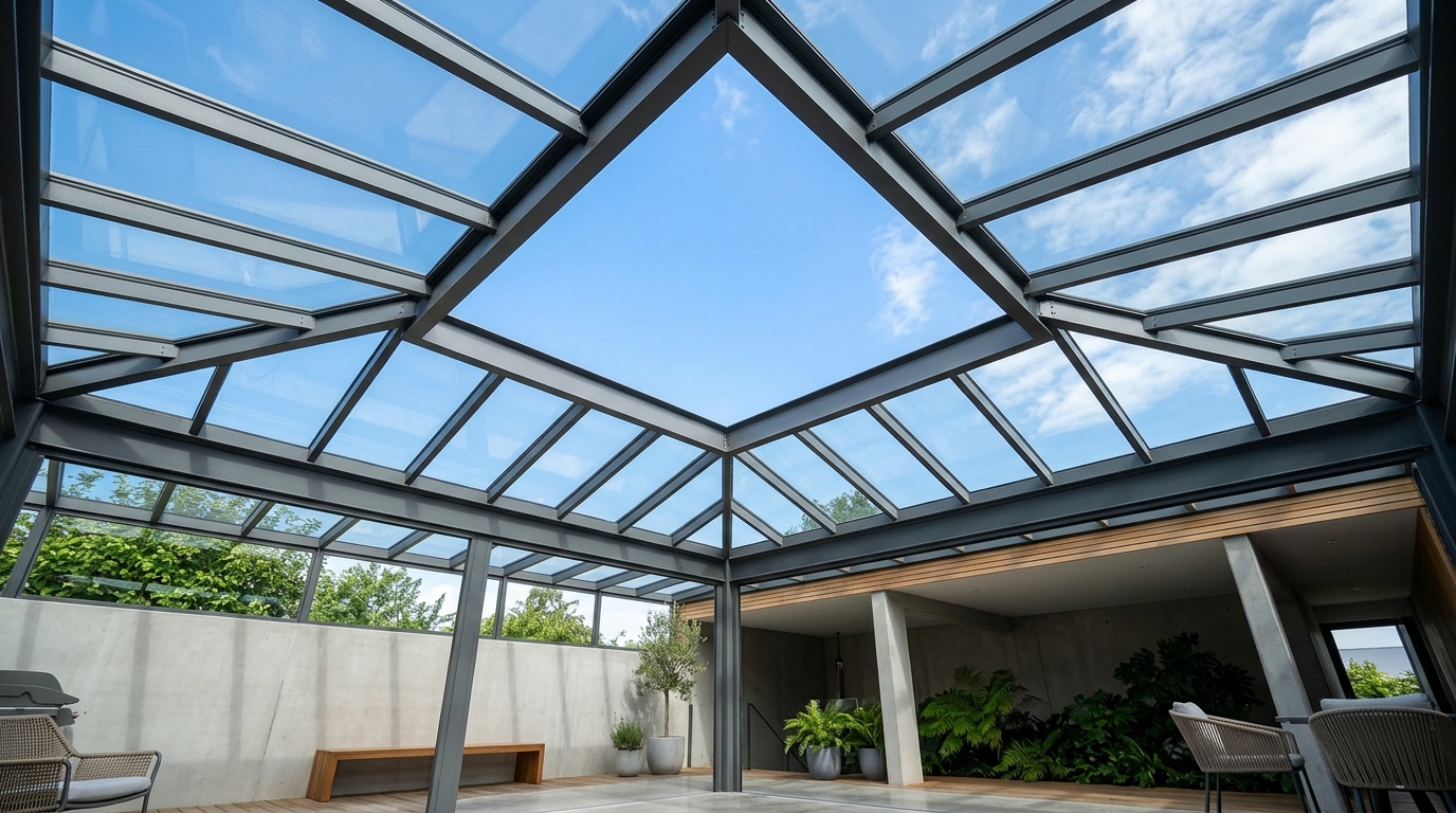 Minimalist architectural detail showing the seamless transition from interior ceiling to the glass roof of a central patio light well.