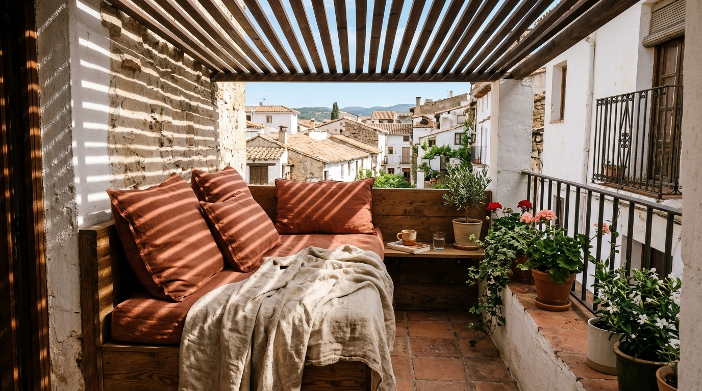 A compact balcony layout featuring a built-in daybed with weather-resistant cushions in a soft terracotta hue.