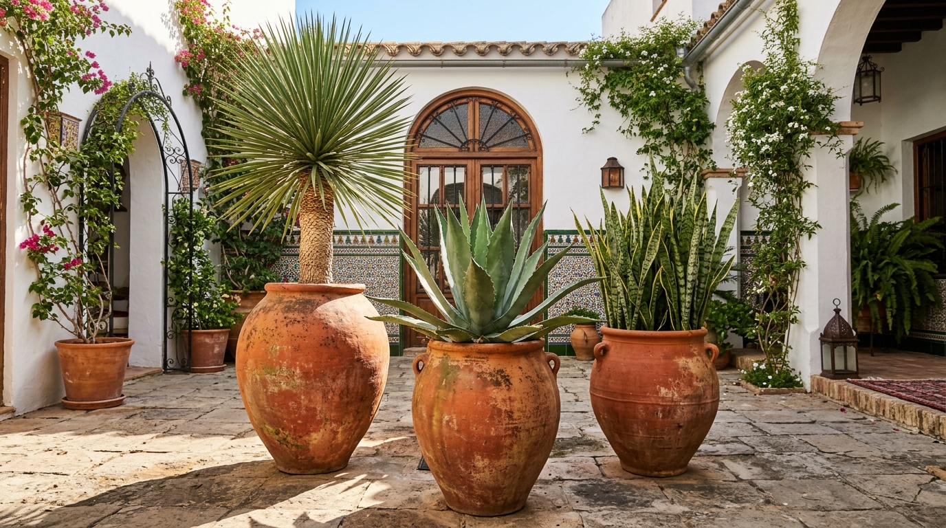 A trio of sculptural planters in varied heights used to create depth and visual interest within a small apartment balcony ideas architecture scheme.