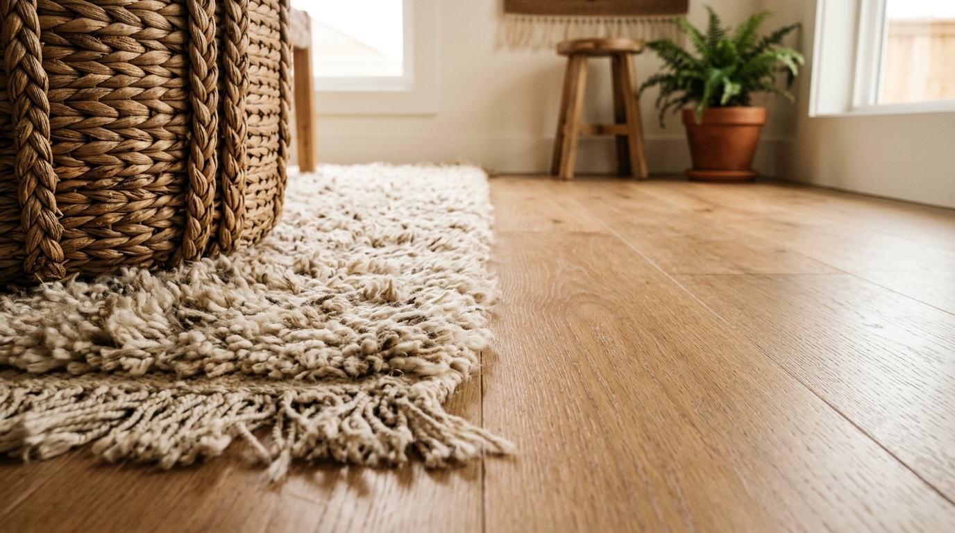 Tactile grounding with a thick wool rug and a textured plaster wall finish in a warm neutral palette. Tactile grounding with a thick wool rug and a textured plaster wall finish in a warm neutral palette.