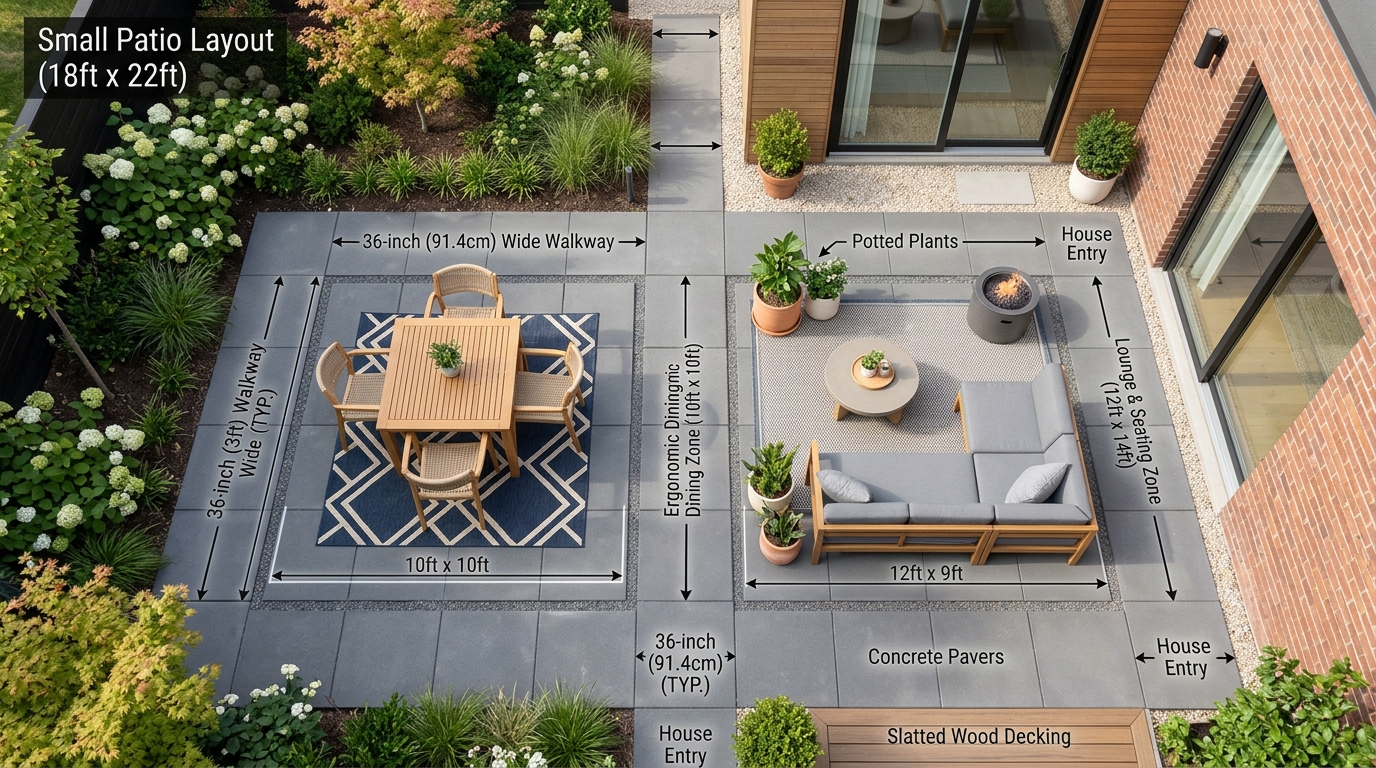 Architectural floor plan view of a compact outdoor patio showcasing 36-inch walkway clearances and ergonomic furniture placement for optimal flow.