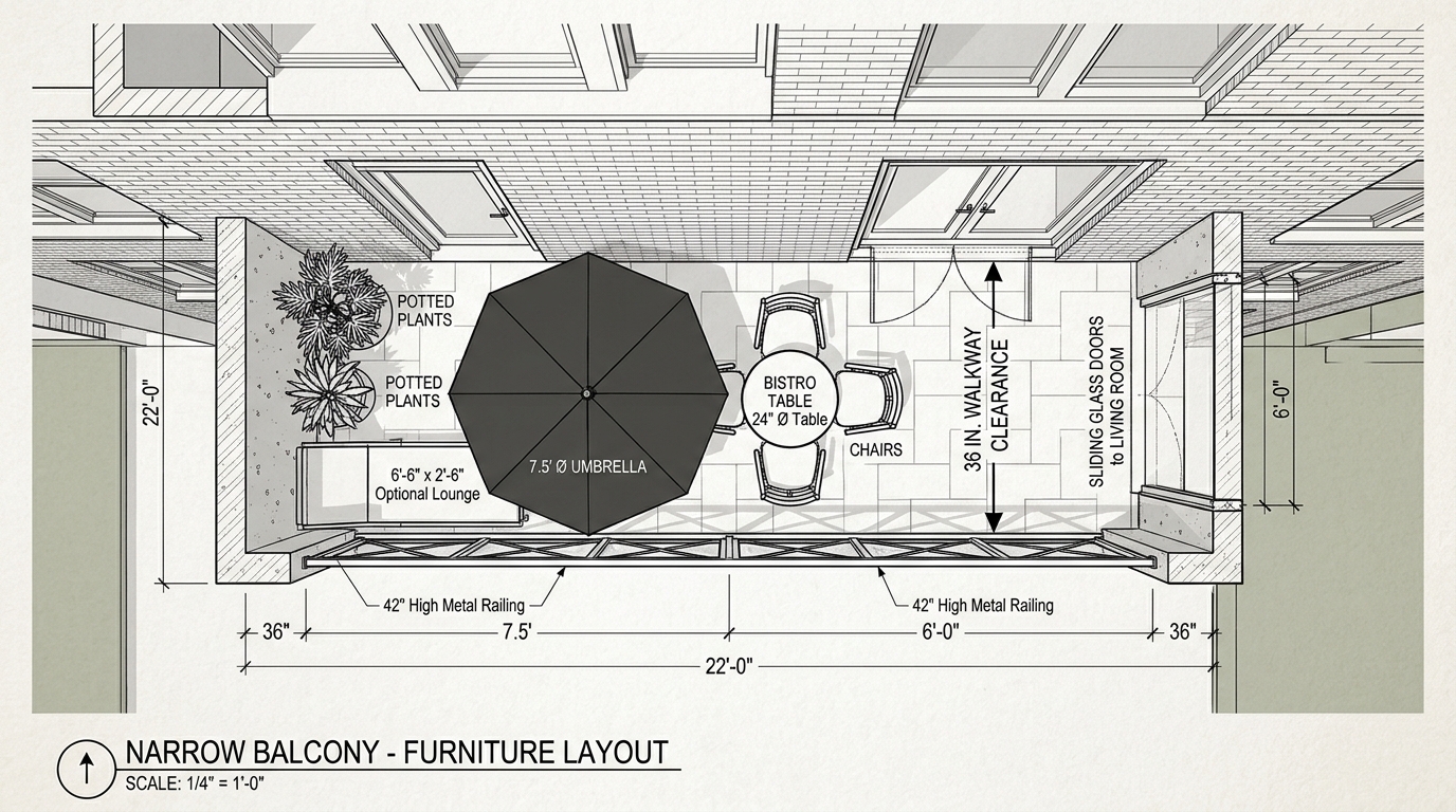 Architectural floor-plan perspective of a narrow balcony illustrating the 36-inch clearance rule and strategic umbrella placement for optimal flow.