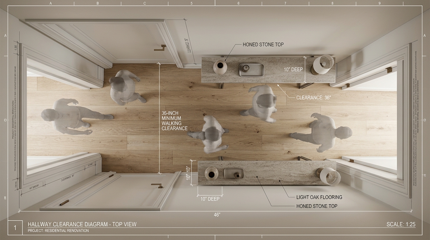 Architectural floor plan view of a narrow hallway demonstrating the 36-inch clearance rule for console tables.